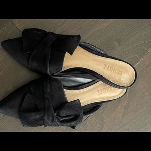Schutz D’Ana Women’s Black Suede Mules Ruffle Bow Pointed Toe